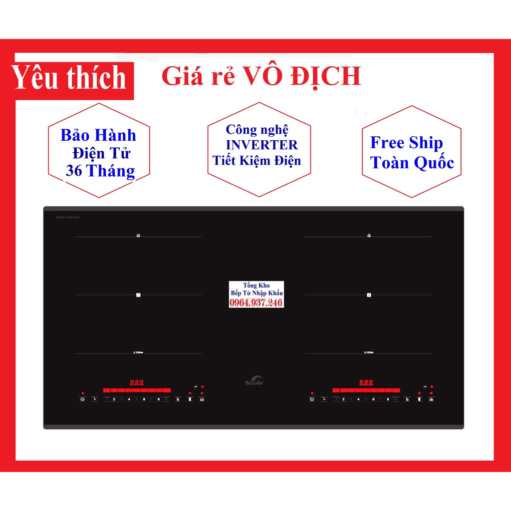 Bếp điện Từ Đôi Bauer BE 36SS,✅Tặng HÚT MÙI KÍNH CONG, BỘ NỒI CHẢO CAO CẤP Chính Hãng, Nhập khẩu Malaysia