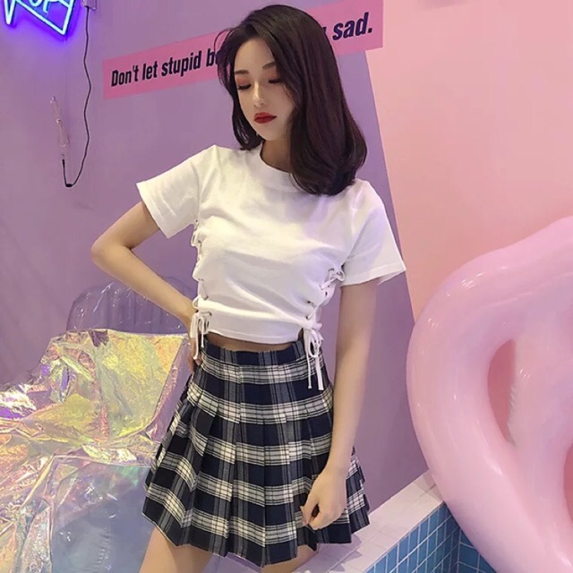 Áo Croptop Tay Ngắn Đan Dây Sườn