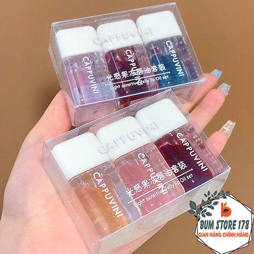 Set 3 son dưỡng môi có màu hương trái cây Cappuvini, Son Hàn Quốc Cappuvini có màu hình khối nhỏ màu nude lấp lánh 3D