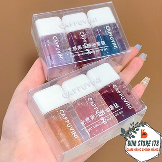 Set 3 son dưỡng môi có màu hương trái cây Cappuvini, Son Hàn Quốc Cappuvini có màu hình khối nhỏ màu nude lấp lánh 3D