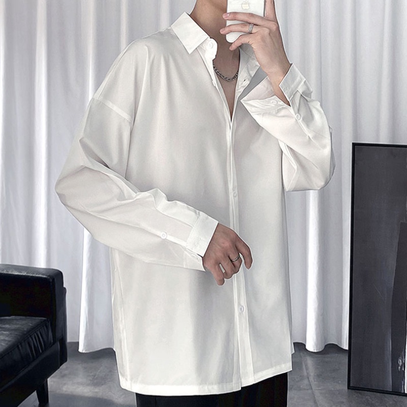 Áo sơ mi tay dài dáng rộng màu trơn phong cách Hàn Quốc thời trang mùa hè dành cho nam 2021