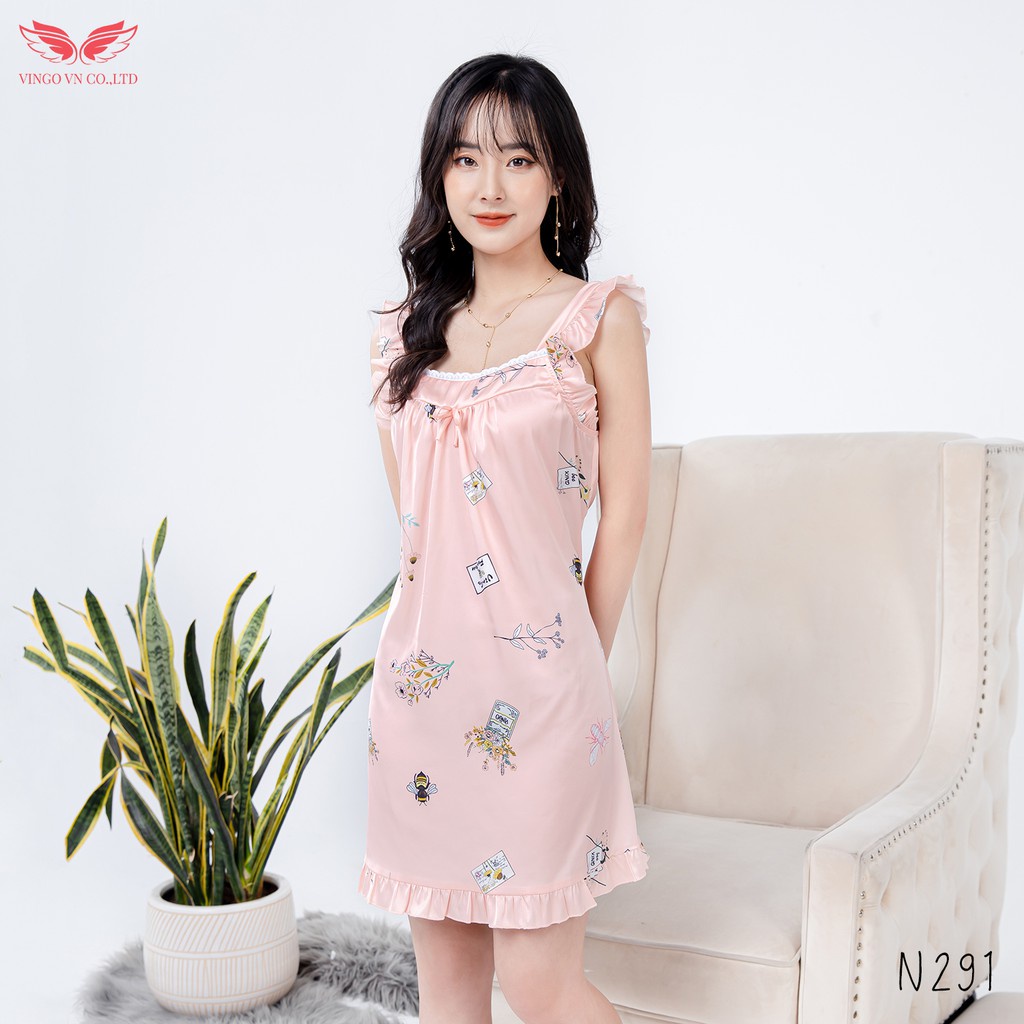 VINGO Váy Ngủ Nữ Mặc Nhà Hai Dây Dáng Xuông Phối Bèo Lụa Pháp Cao Cấp Họa Tiết Ong Nhỏ Tìm Hoa N291 VNGO - HÀNG MỚI VỀ