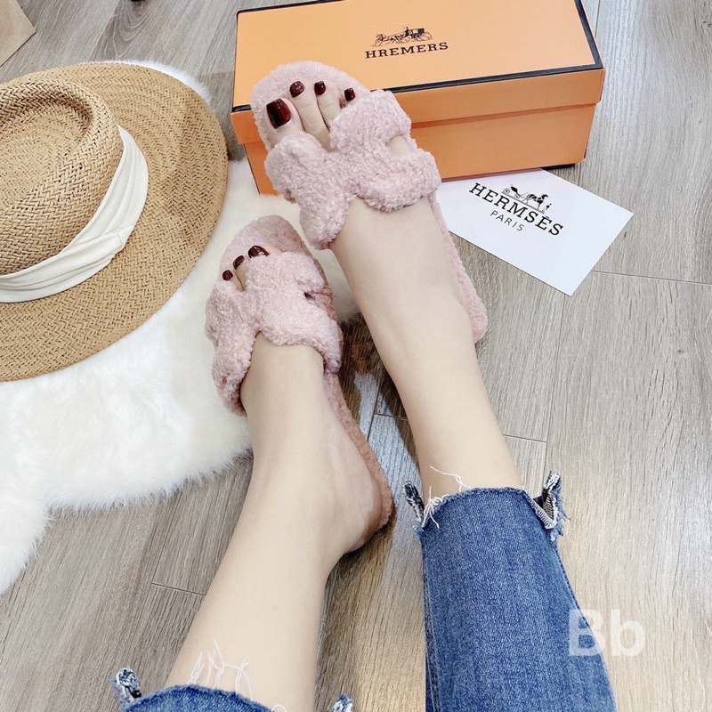 dép đi trong nhà nữ dép bông Hm quai H lông mềm mịn