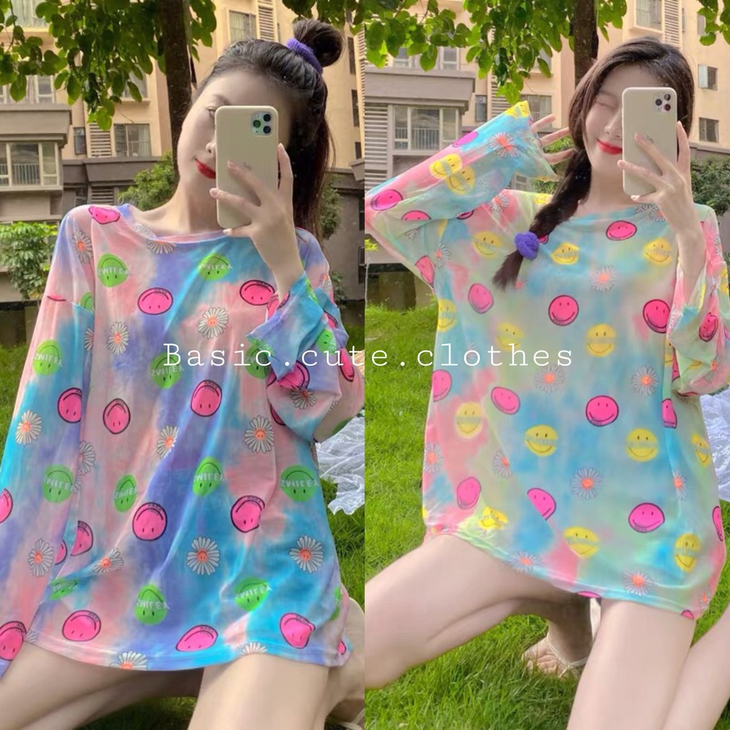 Áo dài tay mỏng hoạ tiết mặt cười dễ thương chất lưới mềm có hình ảnh cận chất order ADTL001