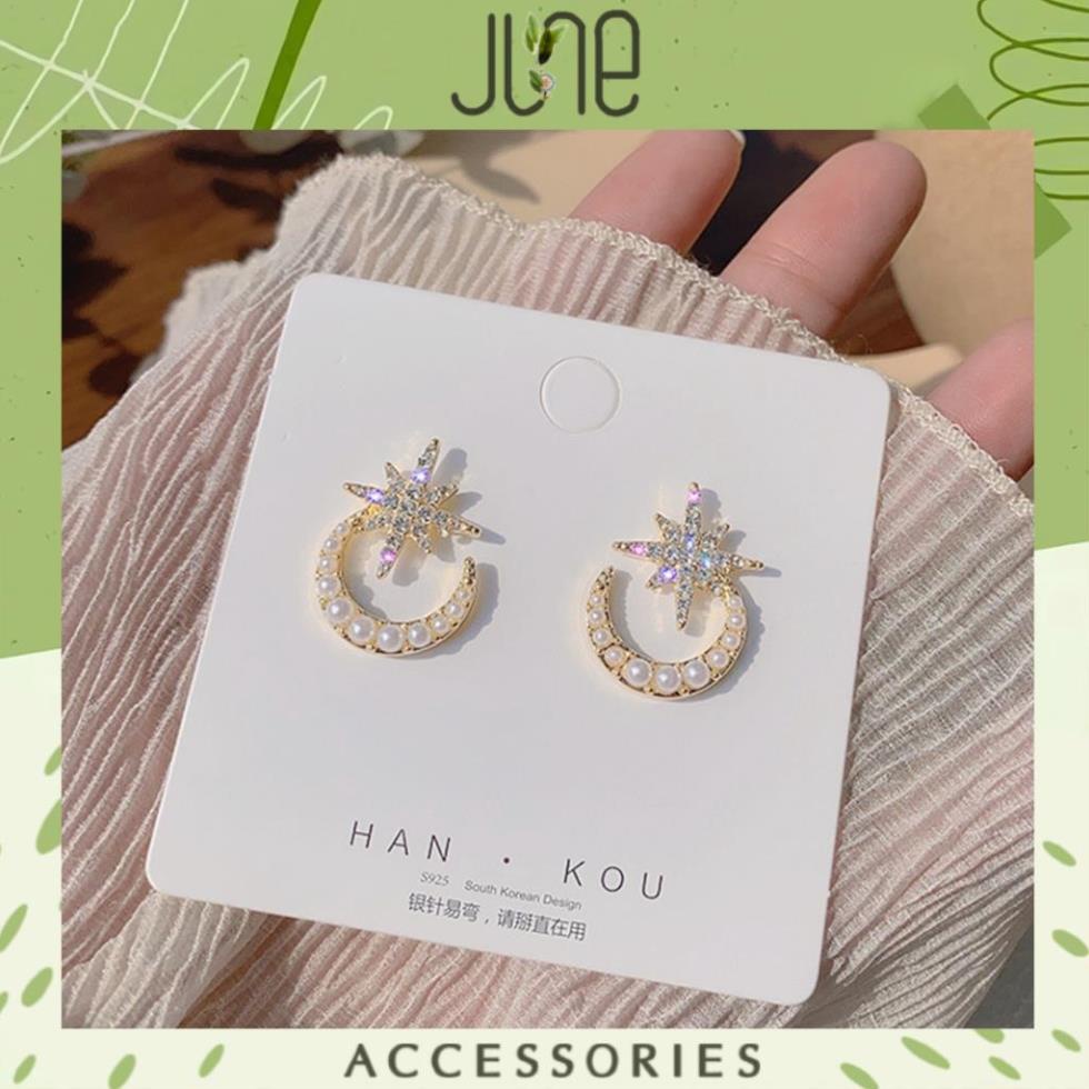 Bông tai bạc S925 Hoa tai kiểu dáng mặt trăng và ngôi sao không gây dị ứng da thời trang Hàn Quốc, June accessories