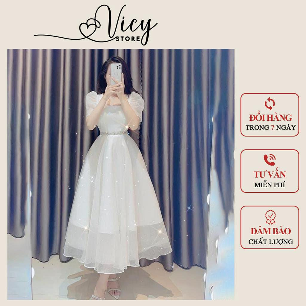 Đầm công chúa dự tiệc tay phồng eo đính đá dáng dài, váy xòe nữ thiết kế chất lưới Vicy EODDA001