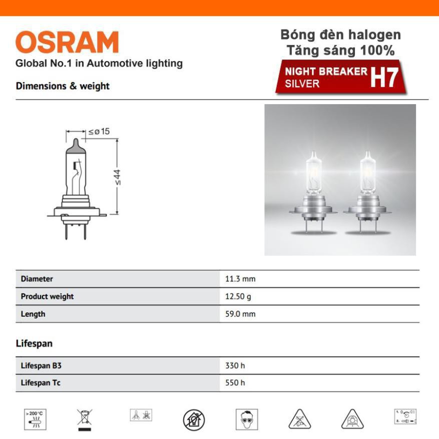 Bóng đèn halogen tăng sáng 100% OSRAM NIGHT BREAKER SILVER H7 12v 55w