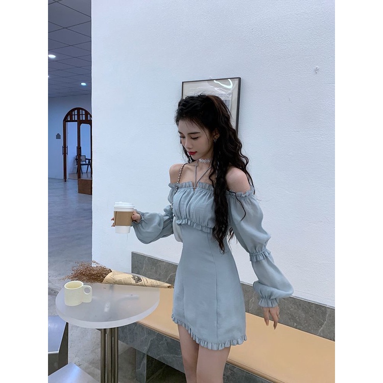 Đầm Trễ Vai Tay Phồng Ôm Dáng Thời Trang Mùa Thu Phong Cách Pháp Mới Cho Nữ