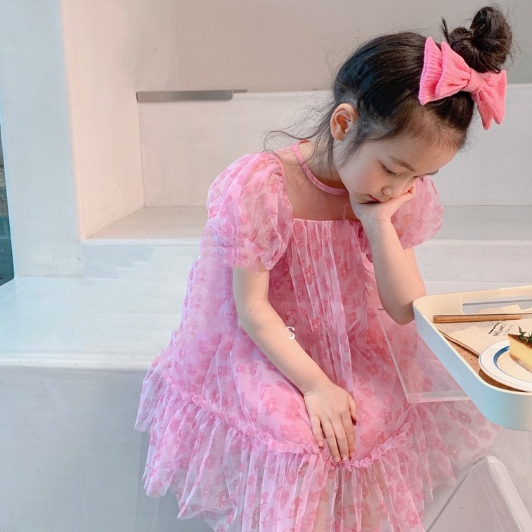 Đầm Công Chúa Phối Lưới Tay Ngắn In Hoa Kiểu Phương Tây Thời Trang Mùa Hè Mới Cho Bé Gái