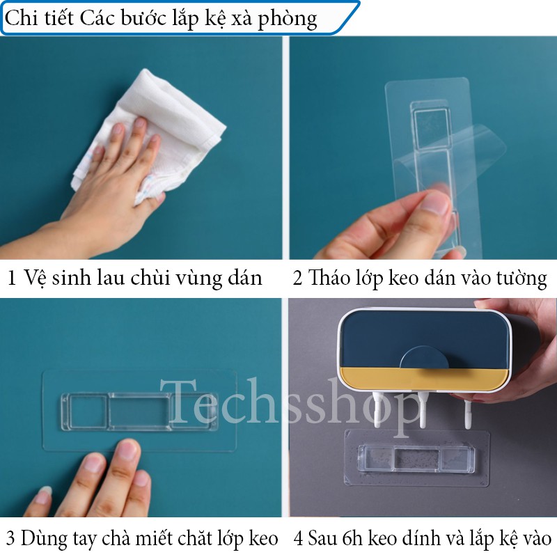 Hộp Đựng Xà Phòng 1 Tầng Có Ngăn Chứa Nước Dán Tường Kèm Theo 3 Móc Treo - Kệ Nhà Tắm Đế Đồ Tiện Lợi