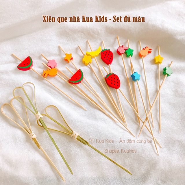 Set que xiên thức ăn, trái cây, thịt nướng