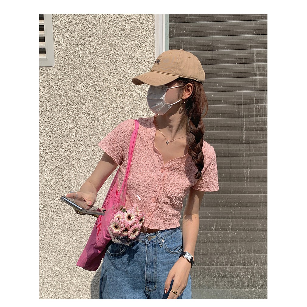 Xiaozhainv Áo croptop tay ngắn cổ V màu trơn thời trang gợi cảm cho nữ