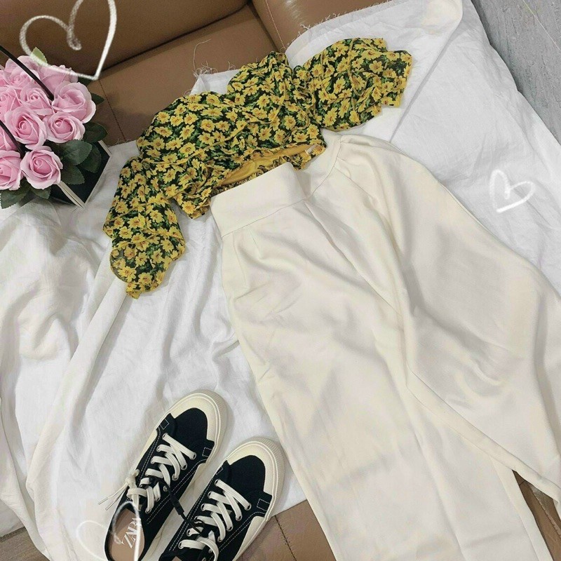 set quần suông trắng áo crotop hoa
