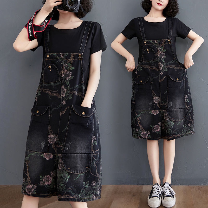 Quần Yếm Denim Dáng Rộng Phối Túi In Họa Tiết Thời Trang Cho Nữ