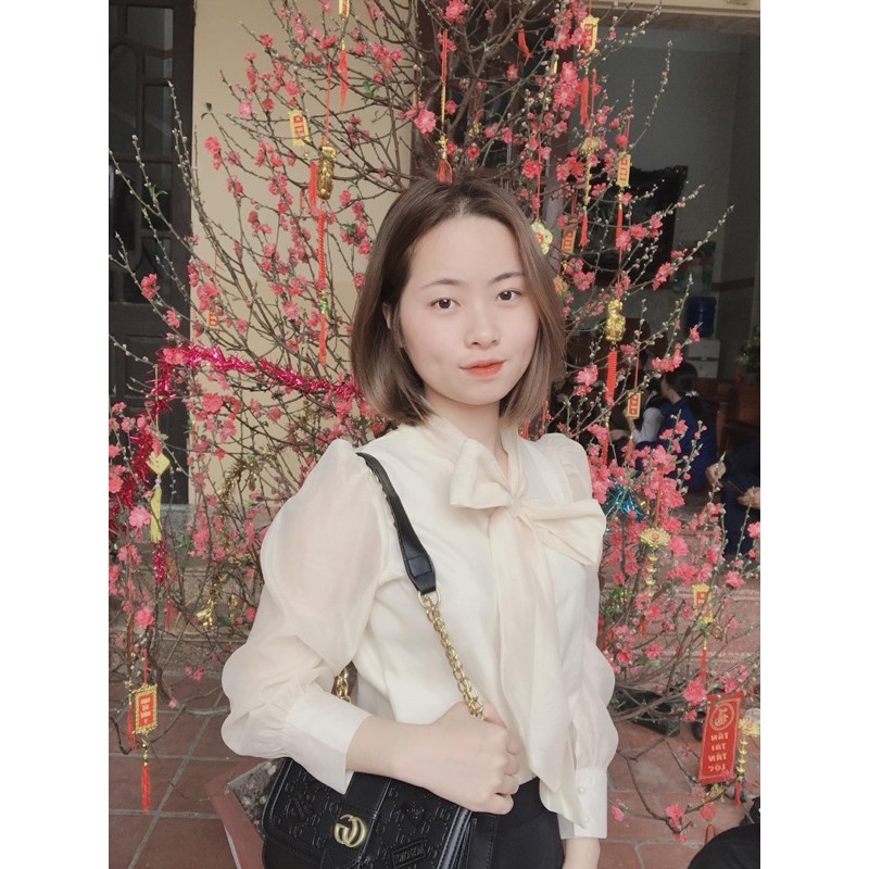 Áo sơ mi buộc nơ cúc ngọc