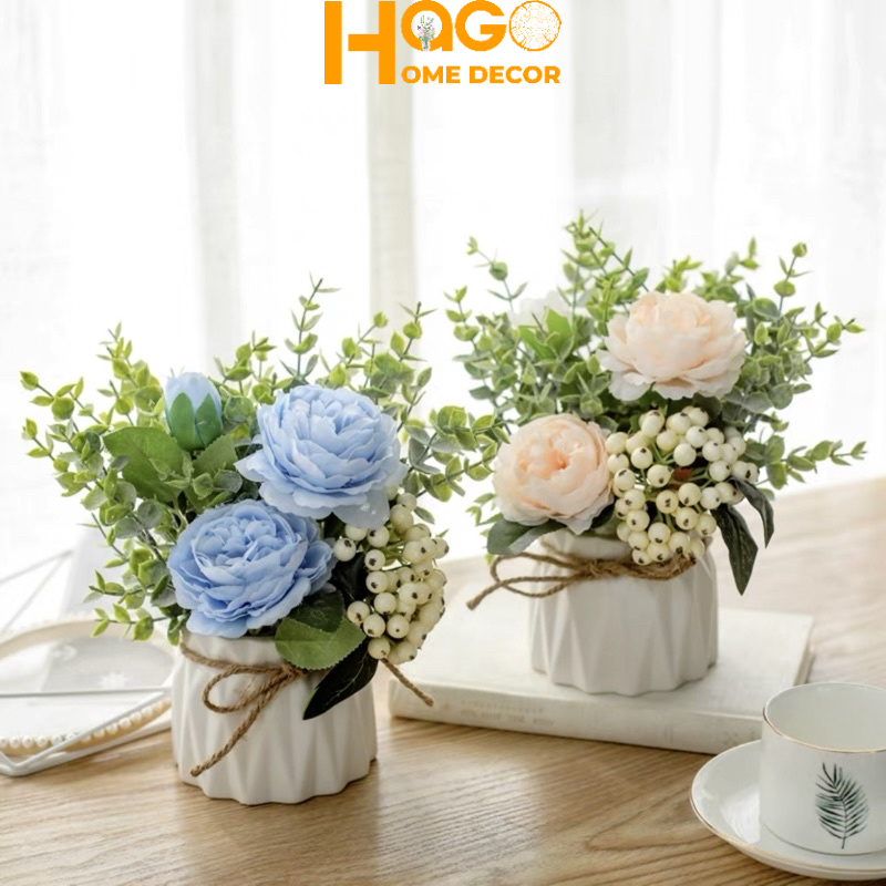 Hoa lụa, lọ hoa mini để bàn cắm sẵn theo mẫu trang trí bàn trà, kệ tủ, giá sách