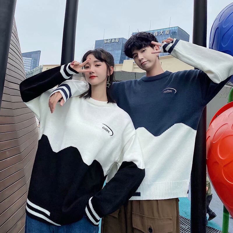 Áo Sweater dáng rộng màu sắc tương phản thời trang thu đông cho cặp đôi