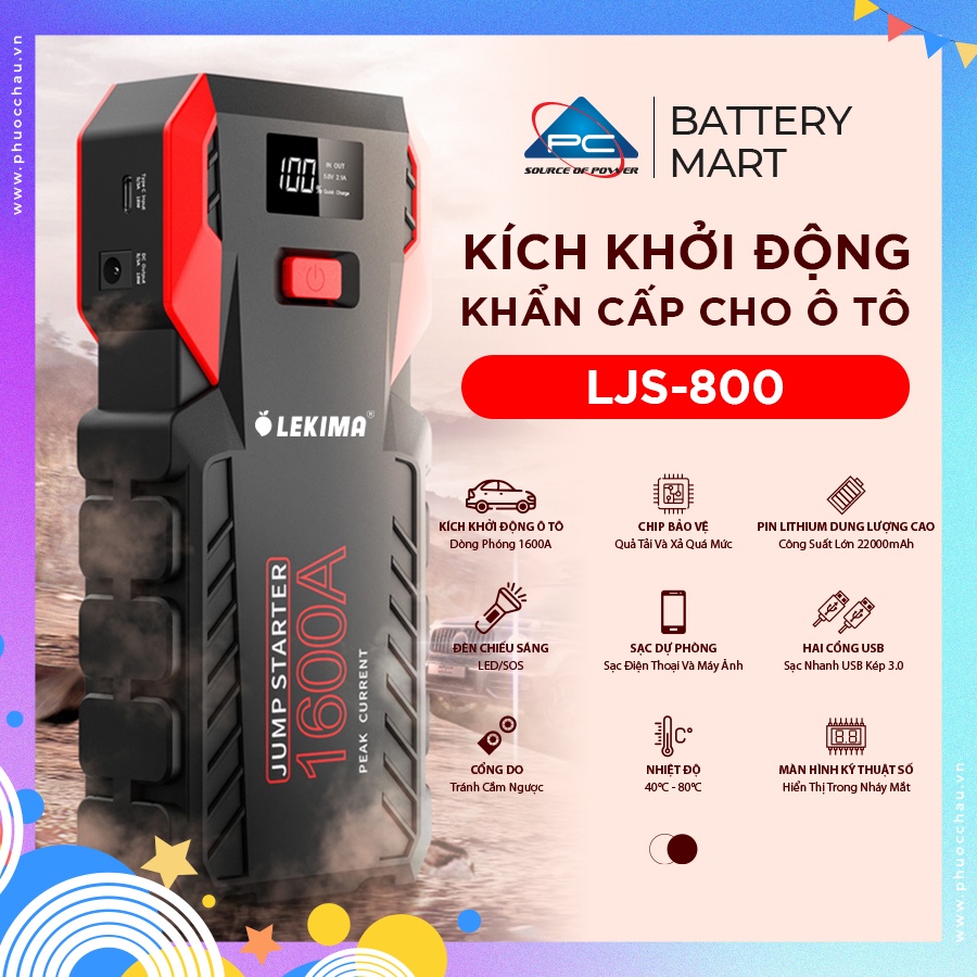 Kích bình ô tô,  bộ kích nổ ô tô LEKIMA LJS800, kích acquy ô tô với công suất lớn, dòng phóng mạnh, pin sạc dự phòng