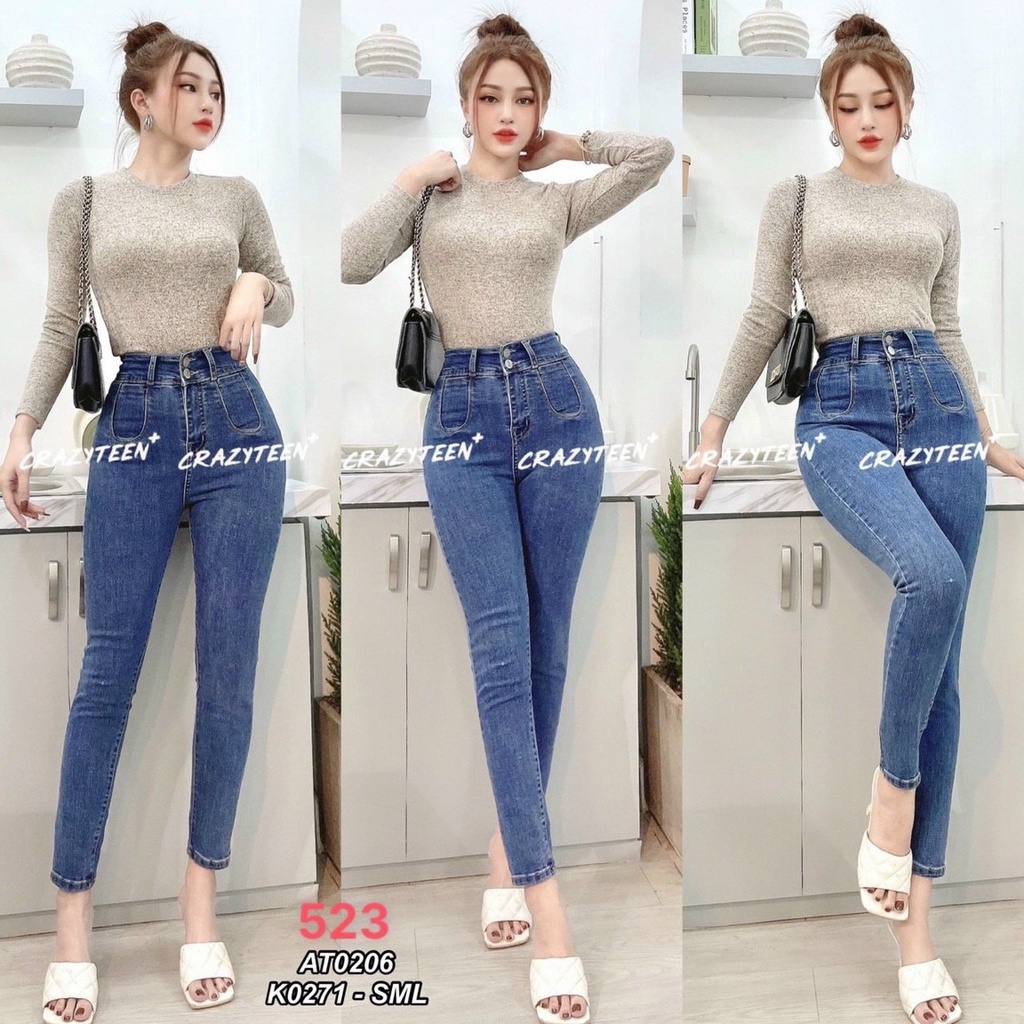 quần jean nữ trơn màu xanh túi bầu, quần jean nữ 2 nút ,quần jean nữ tôn dáng lưng cao T-FASHION 24H M523