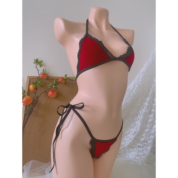 Sẵn hàng - Che tên sản phẩm - Bk036  - Bộ đồ lót lọt khe nhung phối ren quyến rũ cho nữ - Camluu99