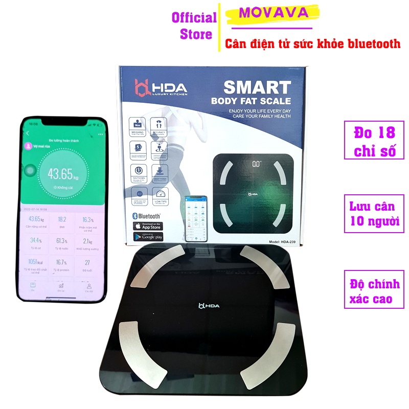 Cân điện tử bluetooth thông minh hãng HDA phân tích 18 chỉ số cơ thể đo chính xác -Movava