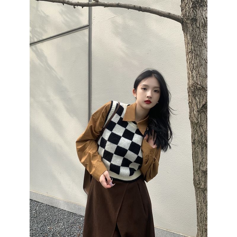 Áo khoác ghi lê dệt kim nhiều lớp cổ điển dễ phối đồ phiên bản Hàn Quốc