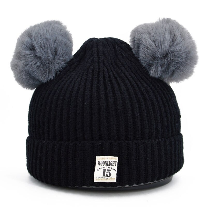 Mũ Beanie Đan Len Dày Dặn Màu Trơn Đính Hai Quả Bông Dễ Thương Thời Trang Thu Đông Cho Bé 3-24 Tháng Tuổi