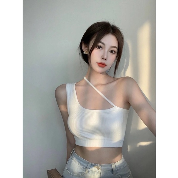 Áo Croptop Cổ Hai Dây Chéo Nữ Màu Đen Trắng Xám Chất Cotton Tăm Siêu Co Dãn Có Đệm Mút Không Tay Sexy Loại 1 Cá Tính