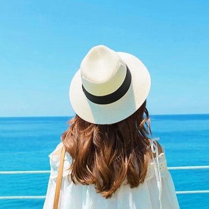 Mũ phớt cói Fedora vành rộng viền đen - phong cách Unisex - thời trang đi biển