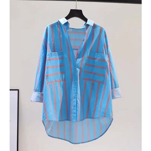 Áo sơ mi nữ dài tay màu xanh sọc hồng, Chất vải Kate Hàn mềm mịn xinh xắn_A9036