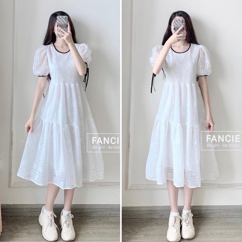 Đầm babydoll midi tầng caro hoa nổi VIỀN ĐEN dây thắt nơ tay