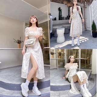 Váy xẻ tà voan hoa hồng