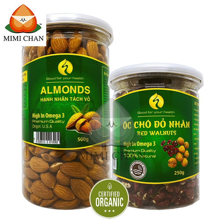 Combo Nhân Quả Óc Chó Đỏ Mỹ 250g - Hạnh Nhân Tách Vỏ Nguyên Vị Mỹ 500g