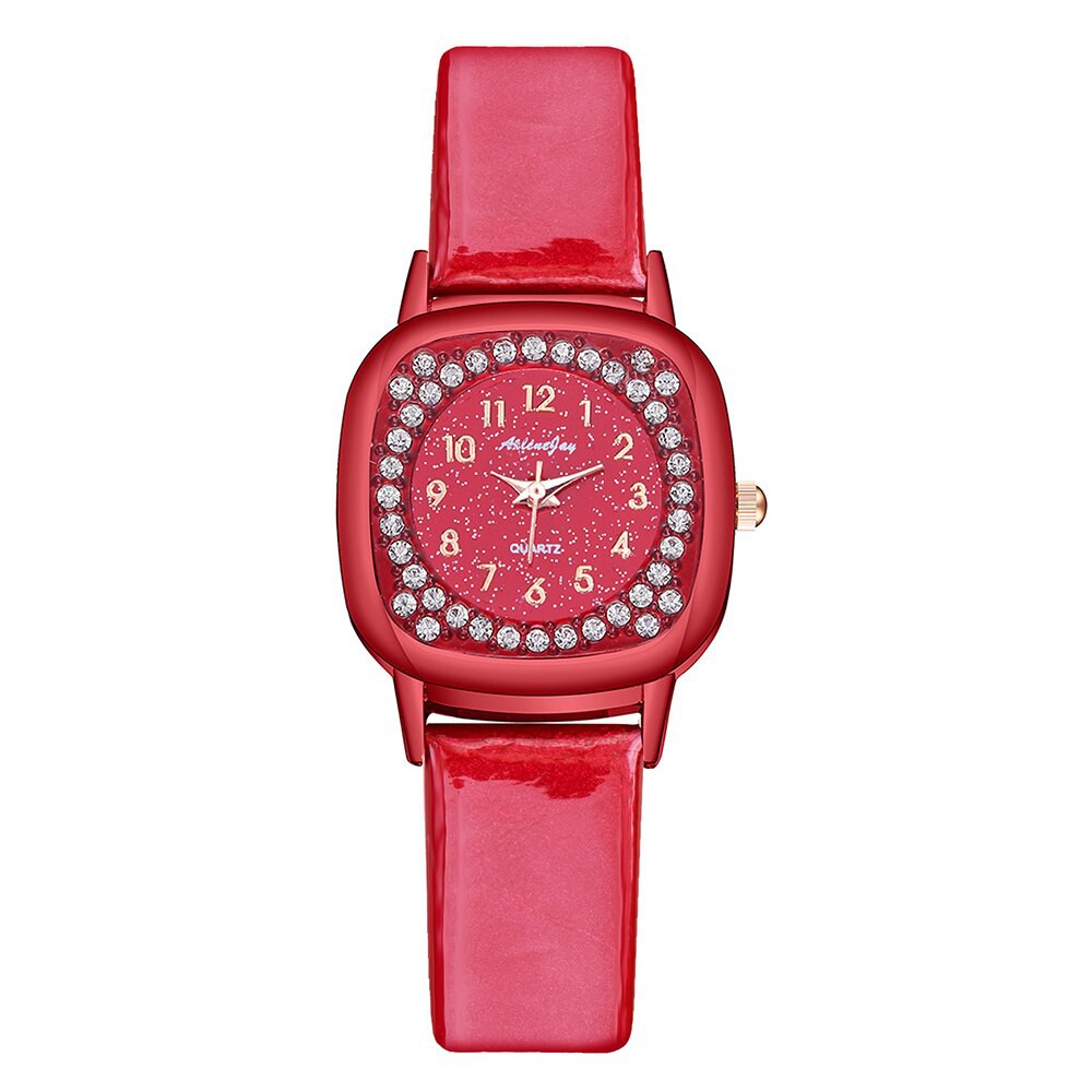 Đồng hồ đeo tay dây đeo bằng da và mặt đính đá thời trang sang trọng cho nữ