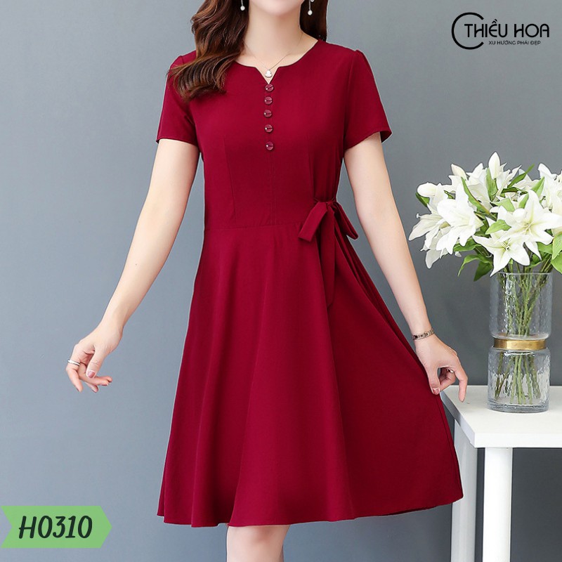 Đầm kaki lụa gắn nơ eo phối hàng nút sang trọng Thiều Hoa H0310