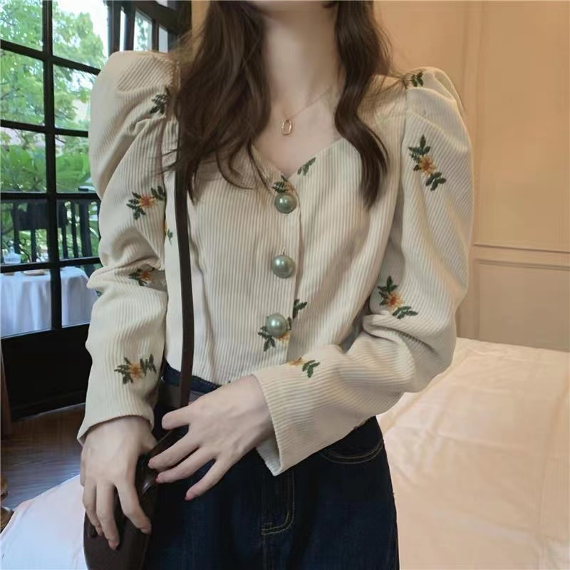 Mới Áo Kiểu Tay Dài Cổ Vuông Hoạ Tiết Hoa Phong Cách Retro