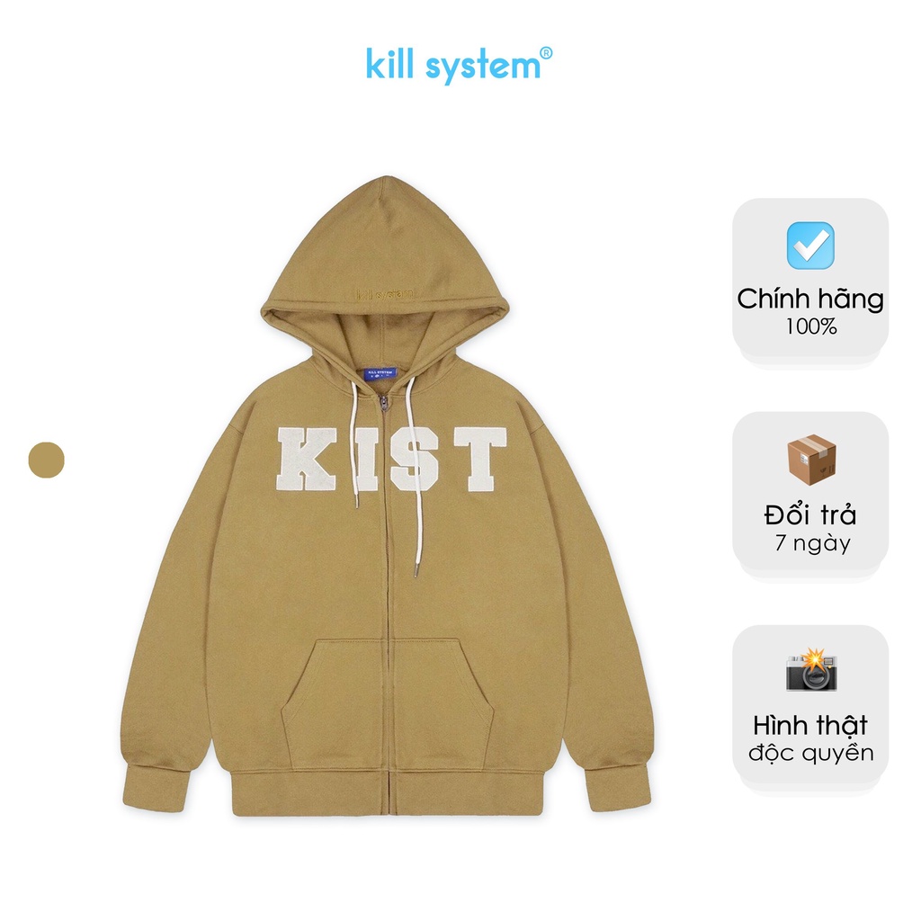 Áo khoác hoodie zip MUSEUM oversize có nón nam nữ, vải chân cua, màu nâu phong cách unisex KILL SYSTEM