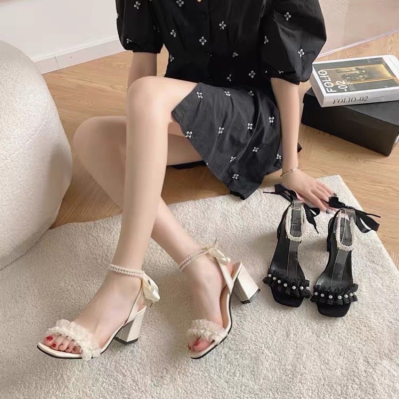 (HÀNG CÓ SẴN) Sandal nhún bèo quai cườm gót vuông BIG SIZE 41-43