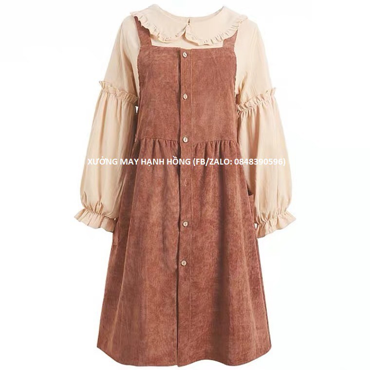 Đầm yếm nhung dáng suông dài Hàn Quốc , set yếm nữ 2 chi tiết áo tay phồng kết hợp váy yếm | BigBuy360 - bigbuy360.vn