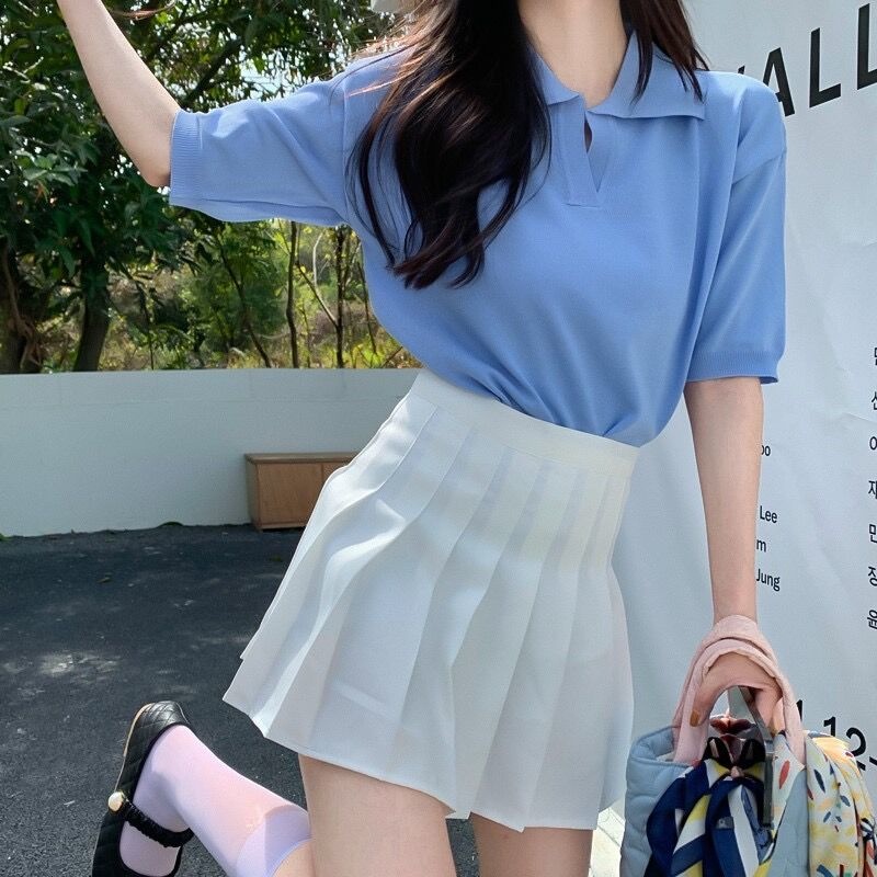 NZN Áo Thun polo Dệt Kim Tay Ngắn Cổ Chữ v Màu Sắc Trơn Thời Trang Mùa Hè Có 4 Màu Dành Cho Nữ