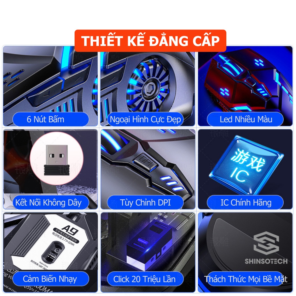 Chuột không dây gaming SHINSOTECH A9 click Silent pin sạc Led 7 màu đẹp 3200 DPI phù hợp chơi game và văn phòng