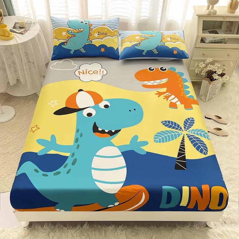 Bộ ga gối cotton 100% 3D  khủng long hoạt hình cho bé