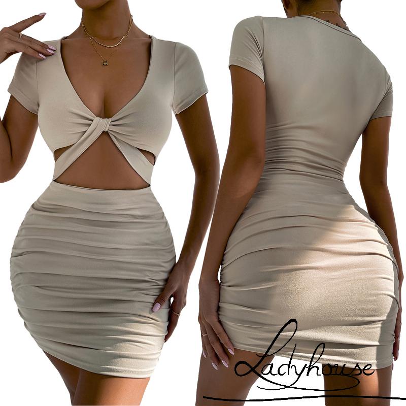 Đầm Ôm Dáng Tay Ngắn Cổ Chữ V Màu Trơn Thời Trang Dành Cho Nữ