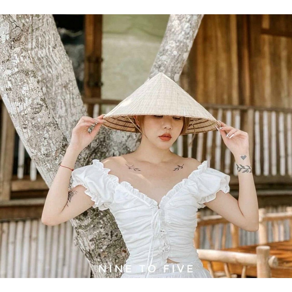 Áo Bẹt Vai Nhún Thân Đan dây viền dây - Áo thiết kế bẹt vai đan dây viền ren