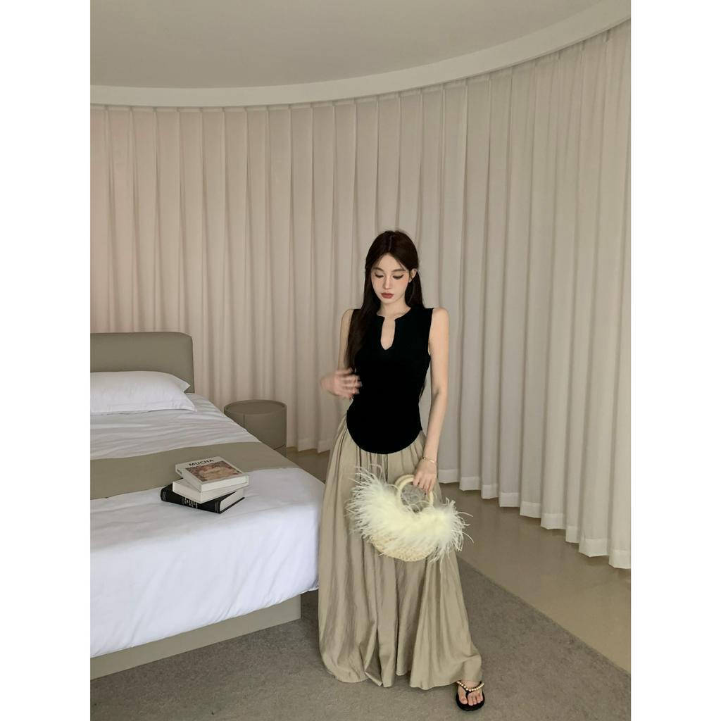 Cocory vn Áo Dệt Kim Sát Nách Cổ Chữ V Khoét Sâu Màu Đen Thời Trang Mùa Hè Cho Nữ