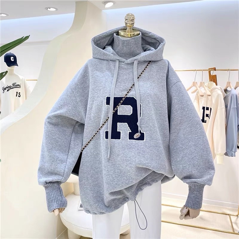 Áo hoodie vải nỉ Lót Bông Dày Dặn Thêu R Unisex Form Rộng