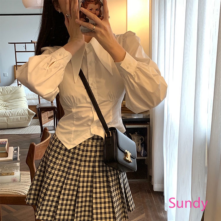 Áo Sơ Mi Tay Dài Phồng Dáng Rộng Thời Trang Mùa Thu Phong Cách Vintage Dành Cho Nữ