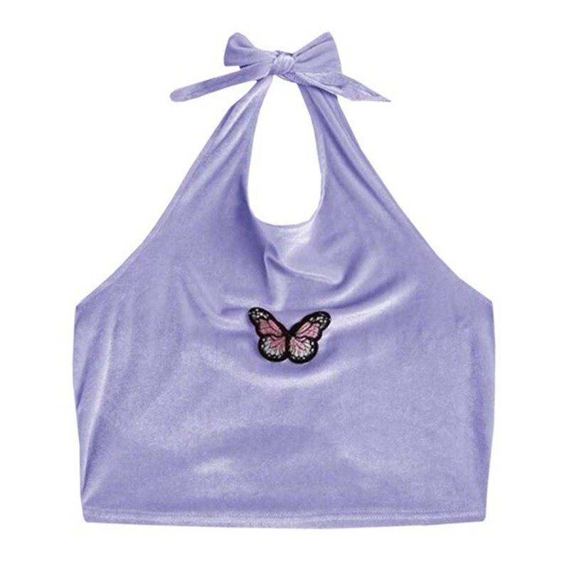 Áo Croptop Hai Dây Vải Nhung Thêu Hình Bướm Màu Sắc Ngọt Ngào Quyến Rũ