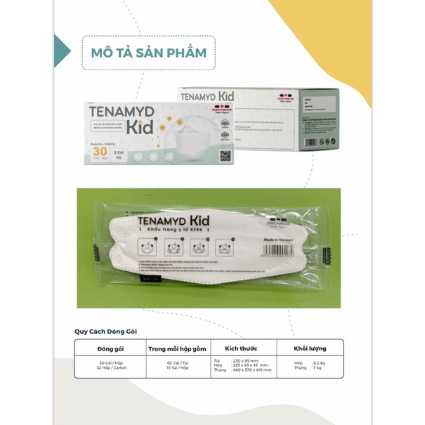 [Hộp 30 cái] Khẩu Trang Trẻ Em KF94 Tenamyd Kid 4 lớp Chuẩn NIOSH N95