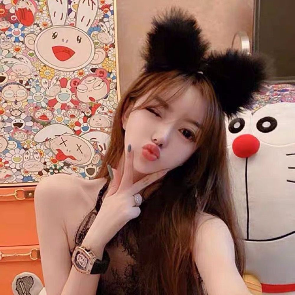 Băng đô tai mèo vải xù đính chuông chống trượt phong cách lolita ngọt ngào nữ tính